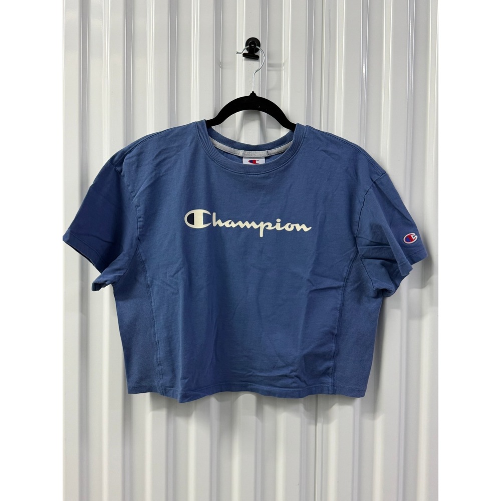 Champion T-Shirt Womens Small Blue Excellent Cropped Boxy Logo Script Tee